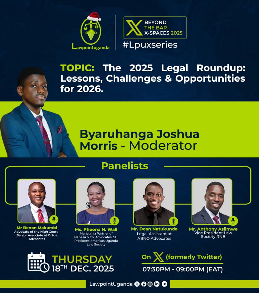 Lawpointuganda's tweet image. 🚨 This evening.🚨

As we round up 2025, join us for an engaging discussion centered on;

🧵 The 2025 Legal Roundup: Lessons, Challenges &amp;amp; Opportunities for 2026

🔔 Set your reminder &amp;amp; join the conversation:
x.com/i/spaces/1lPJq…