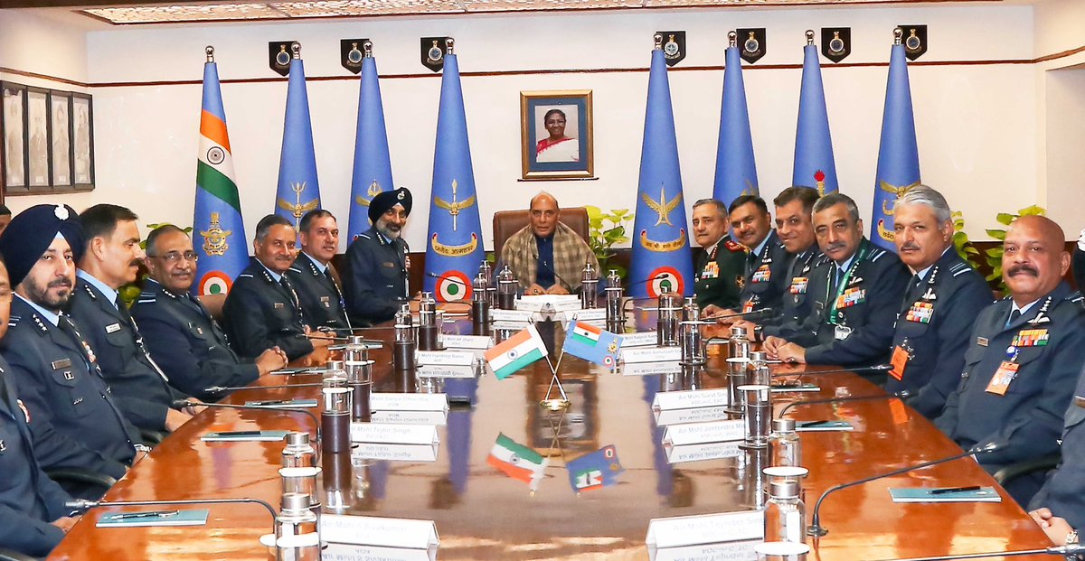 rajnathsingh's tweet photo. Attended the Air Force Commanders’ Conclave in New Delhi today. The IAF is a technologically advanced, operationally agile, strategically confident & future-oriented force, safeguarding national interests in today’s times. 

Urged the IAF Commanders to take lessons from Operation Sindoor, and be prepared to deal with any situation or challenge. 

https://t.co/YQFwoywomO