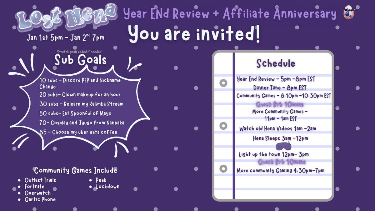 My first 24hr affiliate anniversary  stream with goals ✨😄 

See yall Jan 1st-2nd at 5pm EST if you want to join into some of the community games just hit me up love yall 🤍