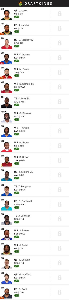 ProjectAwktober's tweet photo. Last &amp; best bullet. Need 1 of Palmer, Atwell, Hollywood(no Rice + incentives), or Deebo to be relevant. Not likely, but ownerships are low on Mccaffrey(7.09%)&amp; Evans (4.82%). #DraftKings #bestball https://t.co/tRj3quMIzJ