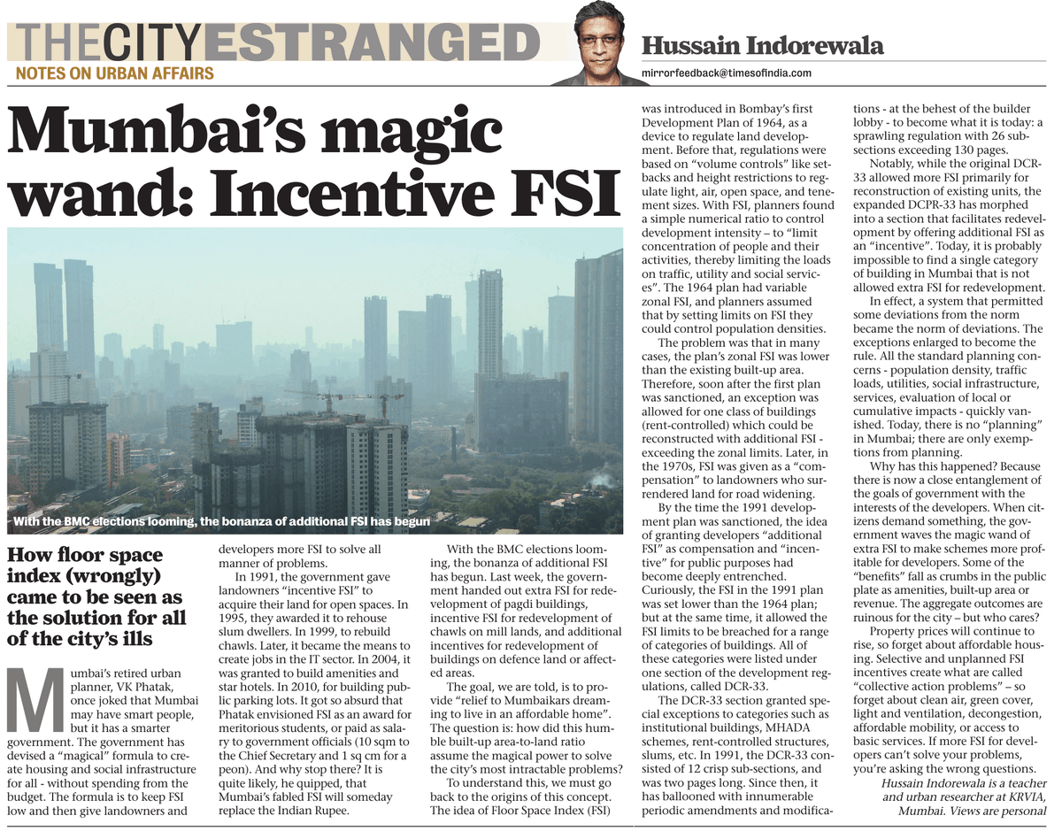 hussaindorewala's tweet photo. There is no urban “planning” in Mumbai; there are only exemptions from planning.
For every problem, the answer is "more FSI". If builders are not happy, the city gets nothing. 
Why has this happened? 
My column in the MM today:
https://t.co/q8XJsQkI3R