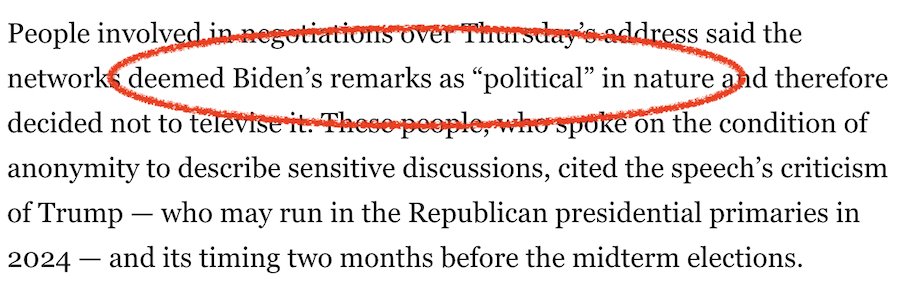 the 2014 and 2022 explanations from the broadcast networks declining to carry the Democratic President's primetime address: "it's too political."