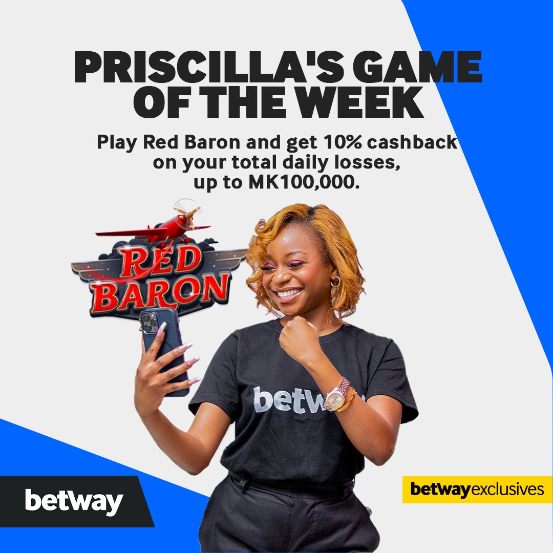 BetwayMalawi's tweet photo. Play Priscillaโs Game of the Week, Red Baron, and enjoy 10% cashback on your total daily losses when you crash, up to MK100,000, every day.โ๏ธ๐ธ
Play here ๐โก๏ธ https://t.co/pWsbaE1t2aย
#DailyCashbackย
#BetwayCasinoย
#redbaron https://t.co/PdTa0AWiIZ
