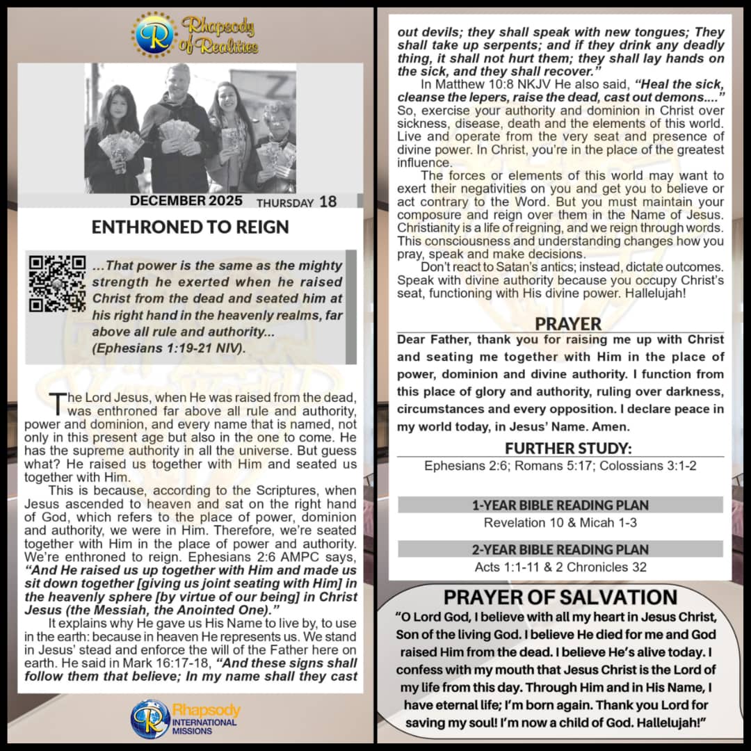 RhapsodyDaily's tweet image. When Jesus was raised from the dead, God raised us up together with Him and seated us together with Him at the right hand of God—the ultimate place of power, dominion, and authority.
 Now, we share His exalted position and are enthroned to reign with Him!

 From this heavenly