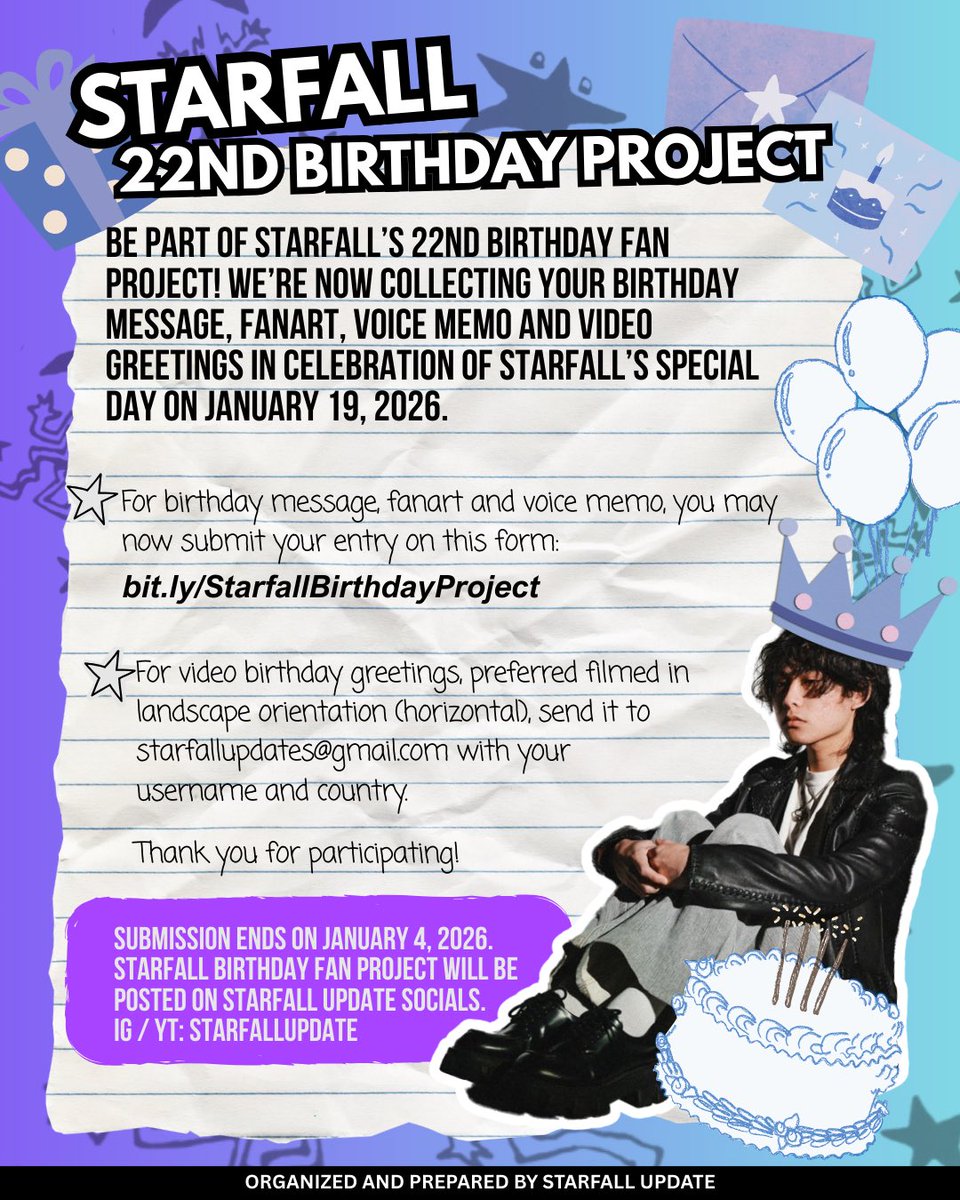 starfallupdate's tweet image. Be part of starfall’s 22nd birthday fan project! We’re now collecting your birthday message, fanart, voice memo and video birthday greetings in celebration of starfall’s special day on January 19, 2026 🎂🎈

bit.ly/StarfallBirthd…

Thank you for participating!