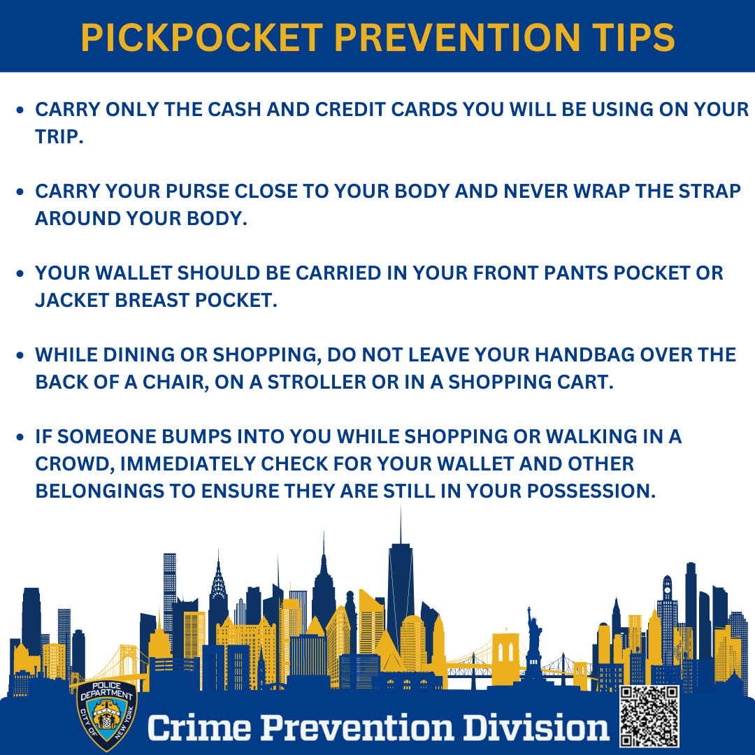 🚨 Pickpocket Prevention Tips
Please remember to remain alert 👀 and secure your belongings in crowded areas such as stores and mass transit.  Remember to also NEVER leave your property unattended.  #CrimePreventionTips