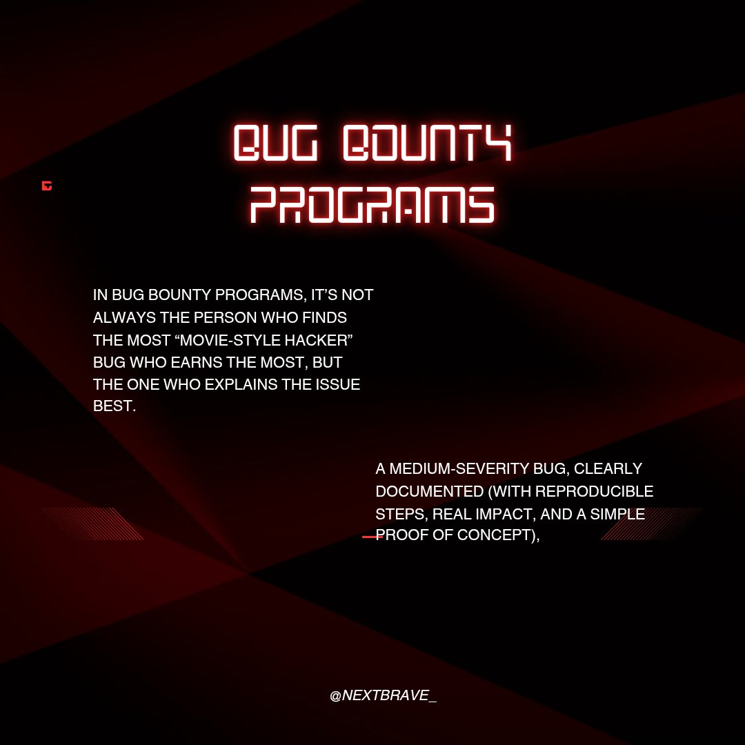 nextbrave_'s tweet photo. Did you know many companies pay thousands of dollars for a well-written bug report? 💸

In bug bounty, clear impact and good documentation often matter more than flashy exploits. 

#BugBounty #CyberSecurity #InfoSec #EthicalHacking #Hacking #SecurityResearch #AppSec #nextbrave https://t.co/VvhIySAldB