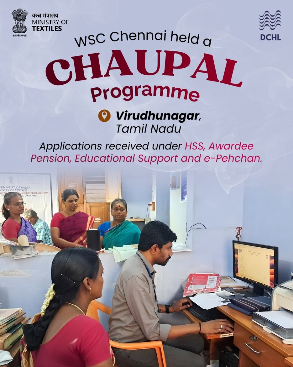 dchandlooms01's tweet photo. WSC Chennai runs a CHAUPAL programme in Virudhanagar. Applications pouring in for HSS, Awardee Pension, Educational Support & e-Pehchan under Ministry of Textiles. Empowering weavers, one step at a time!
#WeaverSupport #MinistryOfTextiles #CHAUPAL #pehchancard #tamilnadu https://t.co/Xz37HM1Uwx