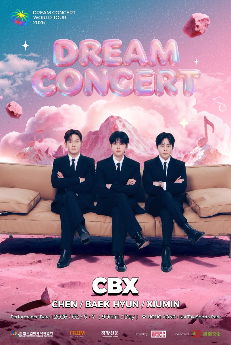 enjieLou's tweet photo. CBX’s poster for Dream Concert in Hong Kong happening on February 6-7, 2026!!!!! 😭😭😭😭 These posters are all over Chinese social media sites just now (the official announcement is today)😭

#CHEN #BAEKHYUN #XIUMIN #CBX https://t.co/aLDCwCX4Uz
