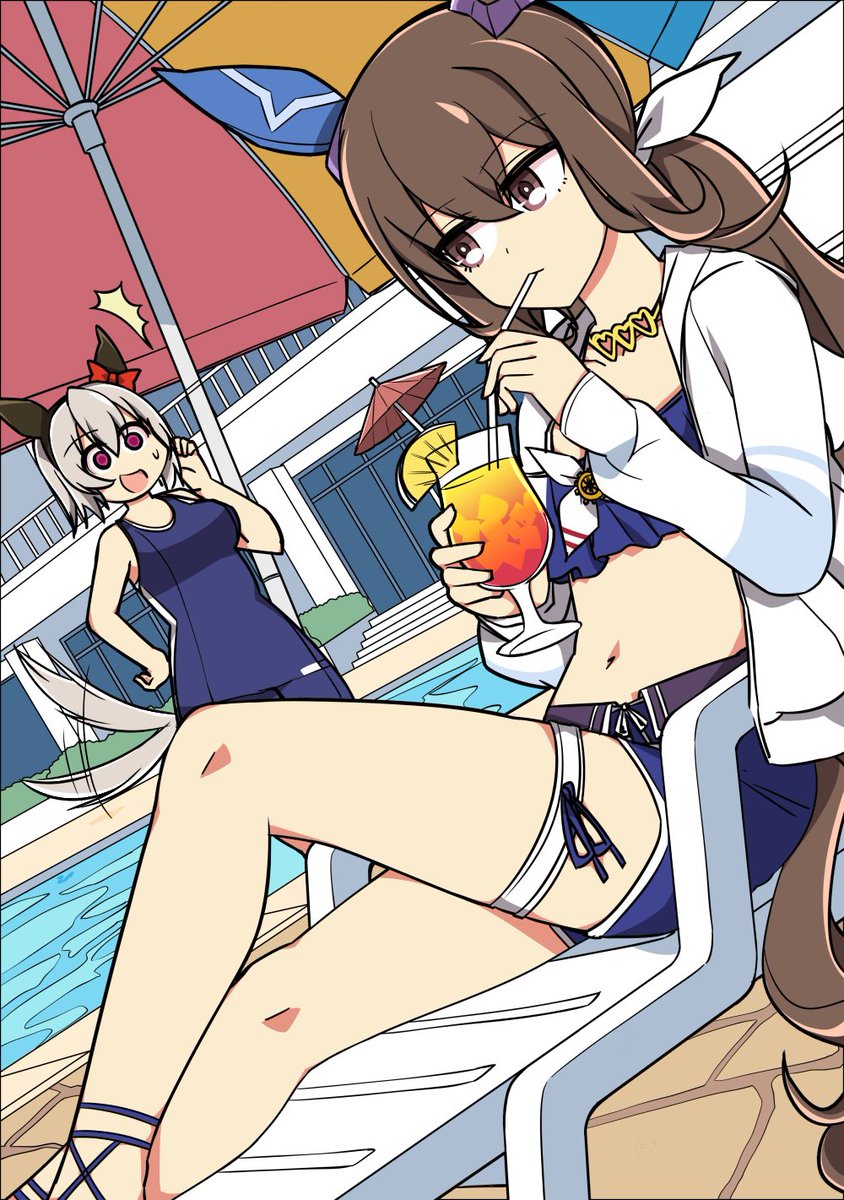 アドマイヤベガ(ウマ娘) ,カレンチャン(ウマ娘) 「アドマイヤベガ「私より早いウマ娘はいない、そう思うわよね」」|わひこのイラスト