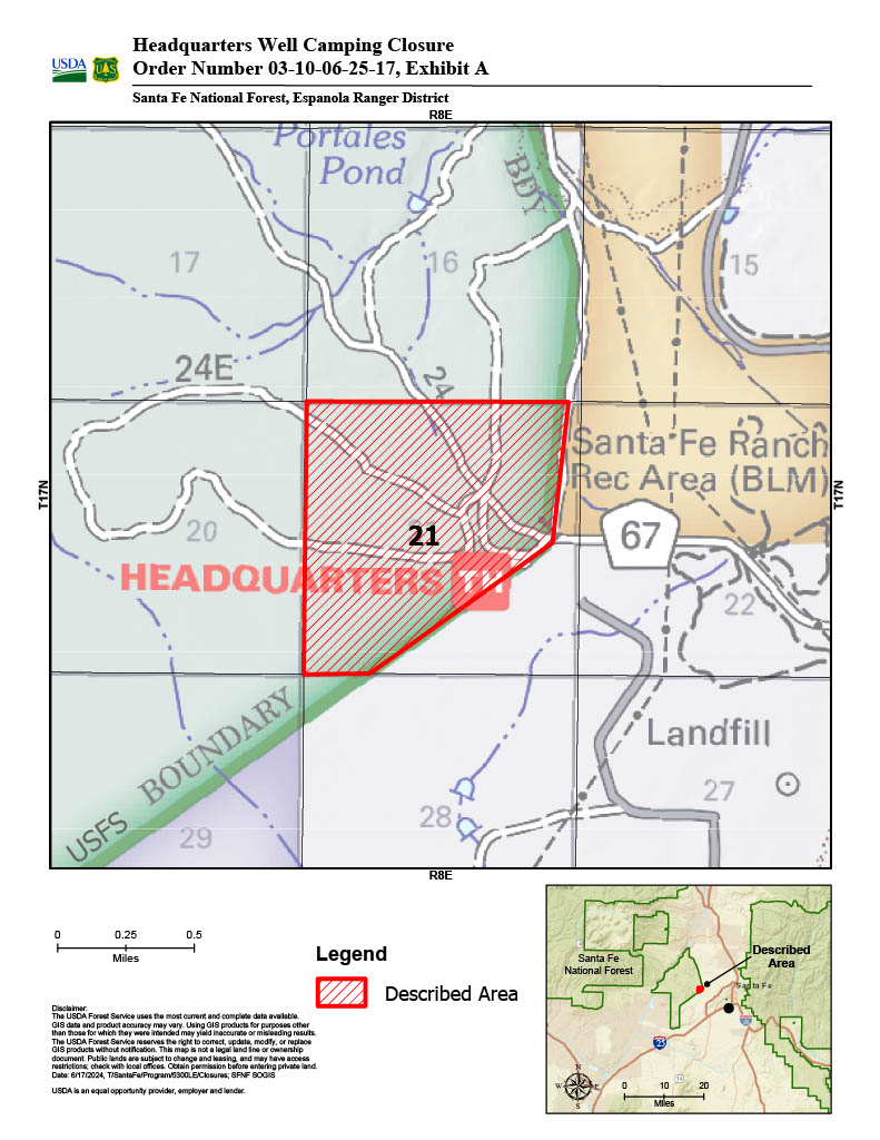 HEADQUARTERS WELL AREA CAMPING CLOSURE EXTENDED

The closure order has been in effect in the Espanola Ranger District since June 21, 2024, and will continue through December 31, 2026, unless rescinded.

The purpose of this Order is to prevent further resource damage caused by an