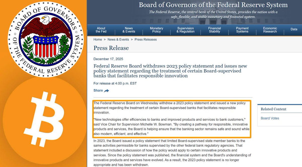 🇺🇸FEDERAL RESERVE REMOVES ITS 2023 CRYPTO RESTRICTION. Clearing the way  for uninsured banks to engage in CRYPTO activities.