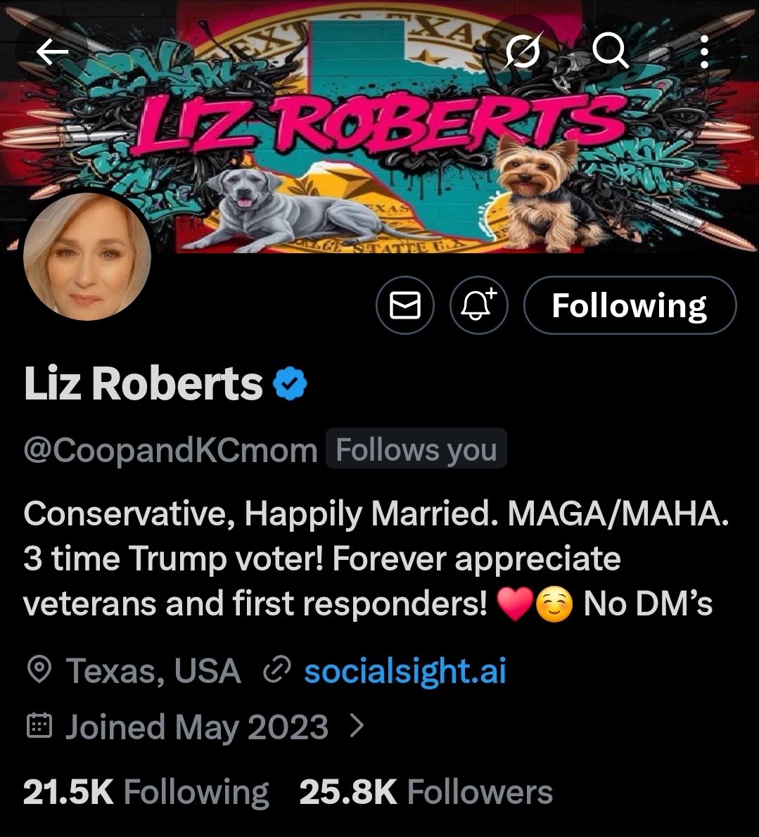 ShadowSentinel's tweet image. Liz is a Conservative, Happily Married, MAGA/MAHA supporter, 3-time Trump voter.
A very pleasant person that I am happy to follow. 
Thanks for the positive vibes!

Stop by and give Liz a hello 

LET’S GO!

@CoopandKCmom