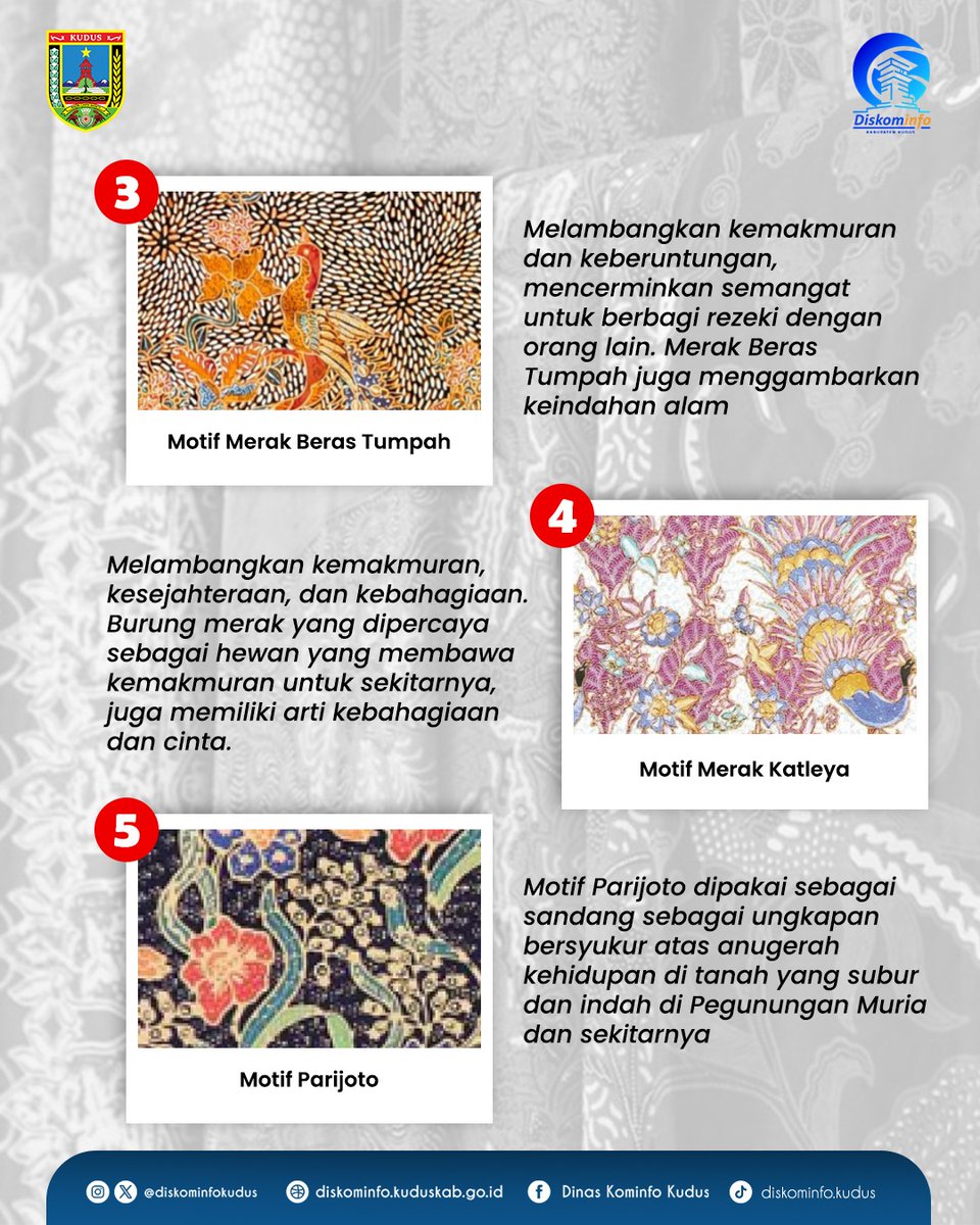 DiskominfoKudus's tweet photo. Budaya dan kearifan lokal Kudus sangat kaya. Salah satunya aneka motif batik khas Kudus yang ternyata menyimpan makna. 

#infografis #kominfo #kudussehat #kudus #kudusexplore #kudusviral https://t.co/CO4HqIghNo