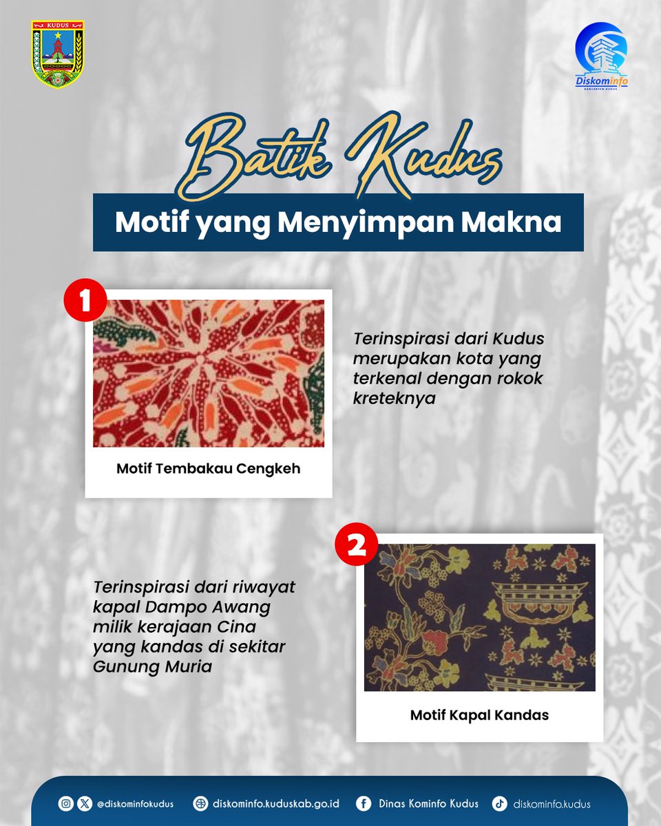 DiskominfoKudus's tweet photo. Budaya dan kearifan lokal Kudus sangat kaya. Salah satunya aneka motif batik khas Kudus yang ternyata menyimpan makna. 

#infografis #kominfo #kudussehat #kudus #kudusexplore #kudusviral https://t.co/CO4HqIghNo
