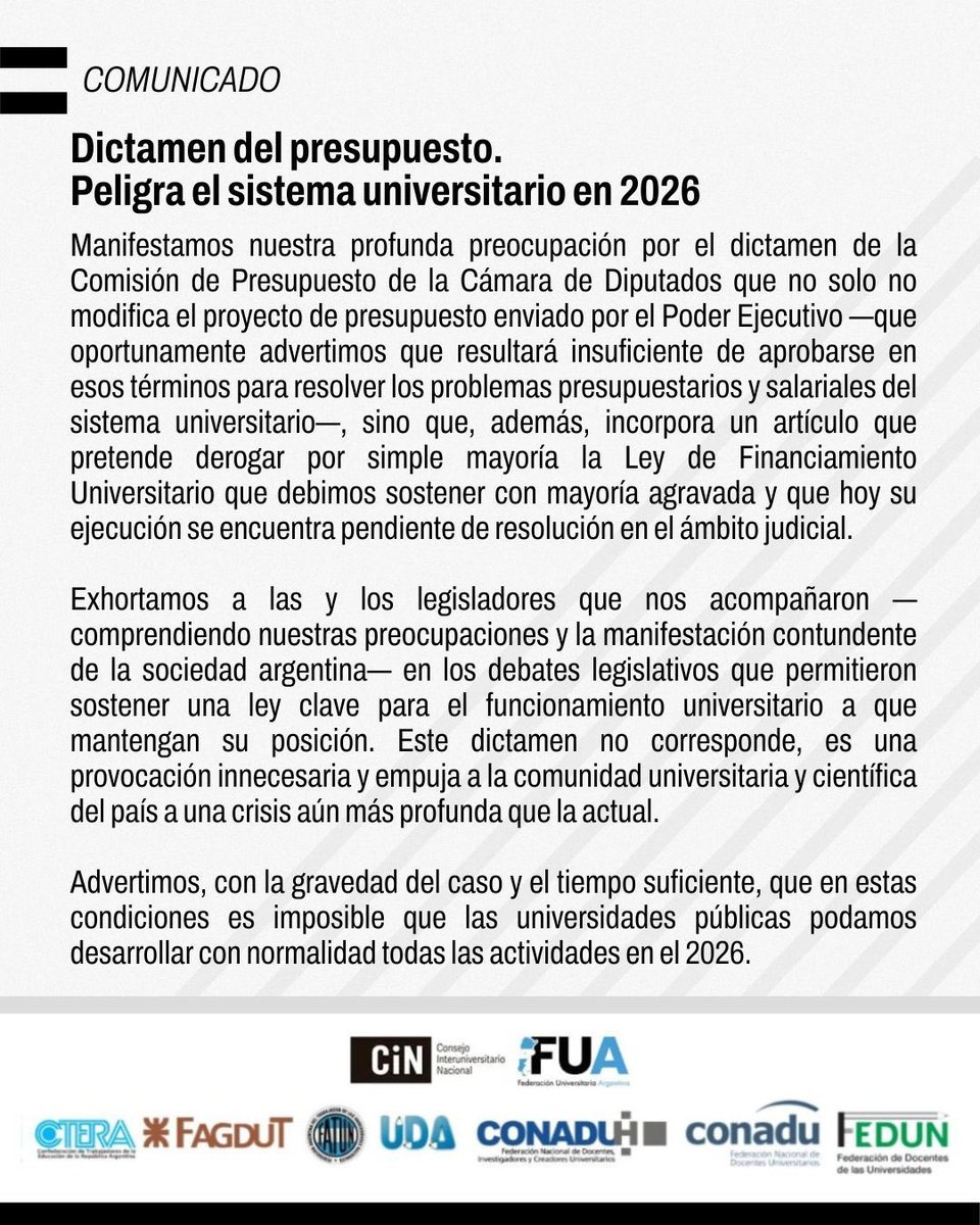 Derogación la la Ley de Financiamiento Educativo Universitario que fue votada, vetada e insistida por 2/3 en el Congreso.
El Presupuesto no puede modificar leyes permanentes.