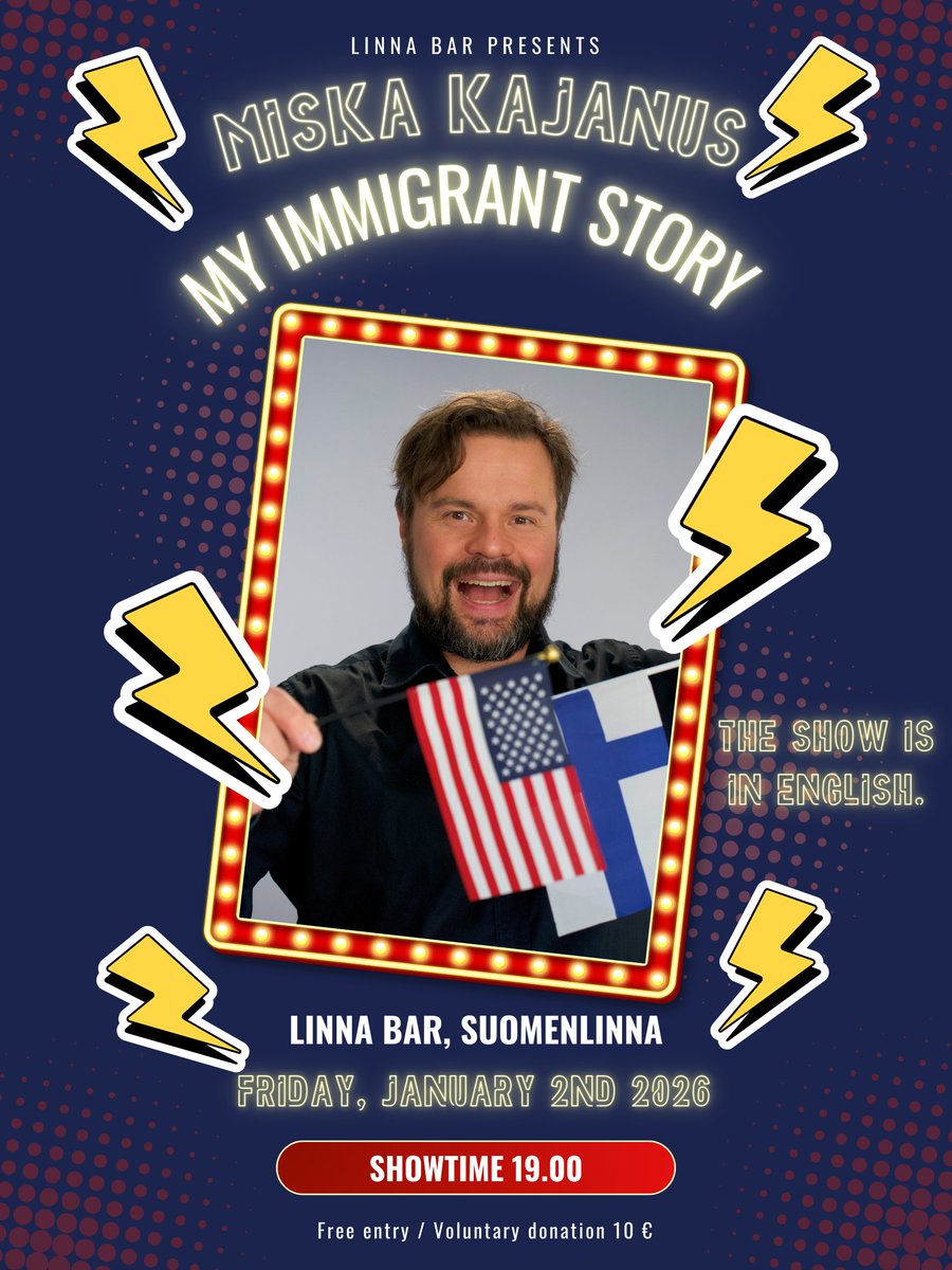 miskakajanus's tweet image. A funny and heartfelt storytelling show by Miska Kajanus about life between Finland and America. The show is in English.

Free entry / Voluntary donation 10 €
Friday January 2nd 2026 at 19:00.
At Linna Bar, Suomenlinna, Helsinki

Facebook Event Link:
bit.ly/4qdGTlv