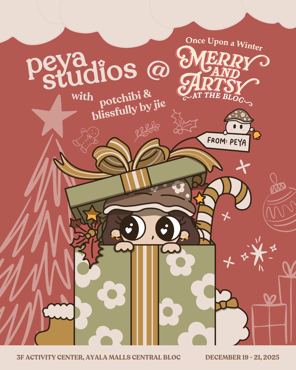 appletomypeya's tweet photo. Wrapping up the year with my last artist alley for 2025 💐 

I’ll be at tabling with @potchibi and @blissfully_co at Table #18! 

See you all there for one last merry and artsy celebration 🎆

🎄 Artendahan by @artemerkado
📍Ayala Malls Central Bloc
🗓 December 19-21, 2025 https://t.co/ytkYeDOP0M
