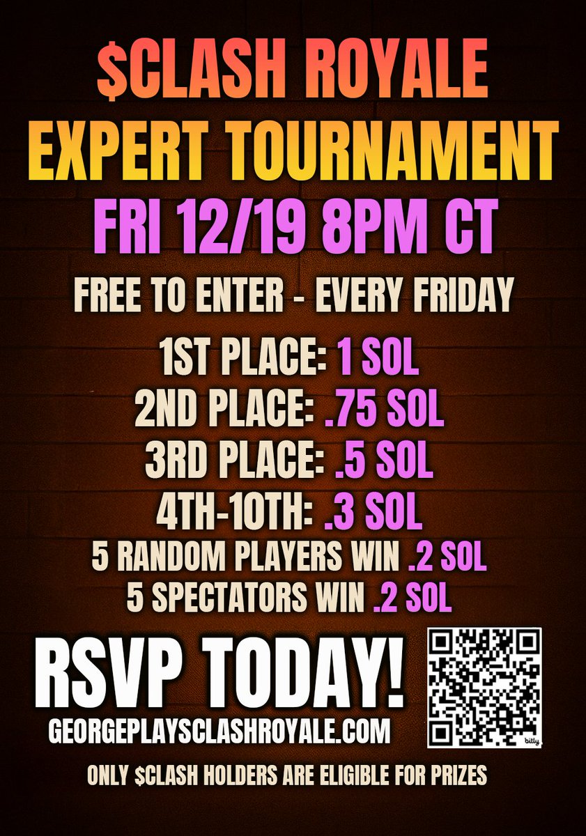 ClashProjectAI's tweet photo. 🔥 EXPERTS ONLY 🔥
This one’s for the high-skill Clash Royale grinders.

🏆 $CLASH Royale Expert Tournament
🗓 Friday • 12/19 • 8PM CT
🎮 FREE to enter

💰 SOL prizes
🥇 1 SOL
🥈 .75 SOL
🥉 .5 SOL
4th–10th .3 SOL
Plus 5 random player & 5 spectator rewards will get .2 SOL

If you play at a high level and want real competition, this is your lane.
No mismatches. No fluff. Just skill ⚔️

👉 RSVP now: https://t.co/mI7fN34ZIW
👉 Discord: https://t.co/EFPl5e2PYg

#ClashRoyale
