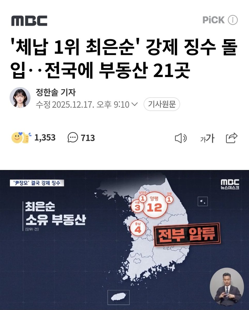 korea_gookmin's tweet image. '체납 1위 최은순' 강제 징수 돌입‥전국에 부동산 21곳 (출처 : 네이버 뉴스) naver.me/xcATe1If