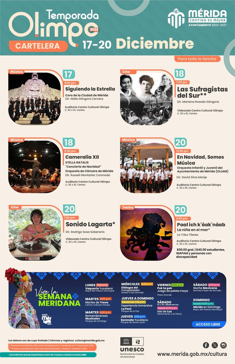 🎭🎶La #TemporadaOlimpo 2025 continúa esta semana con una #cartelera para disfrutar en #familia y cerrar el año con #arte y #cultura
Las actividades son de Acceso Libre.Solo la #obra de #títeres La niña del mar tiene costo de entrada
#Coro #Orquesta #Cine #Teatro #Mérida #Yucatán