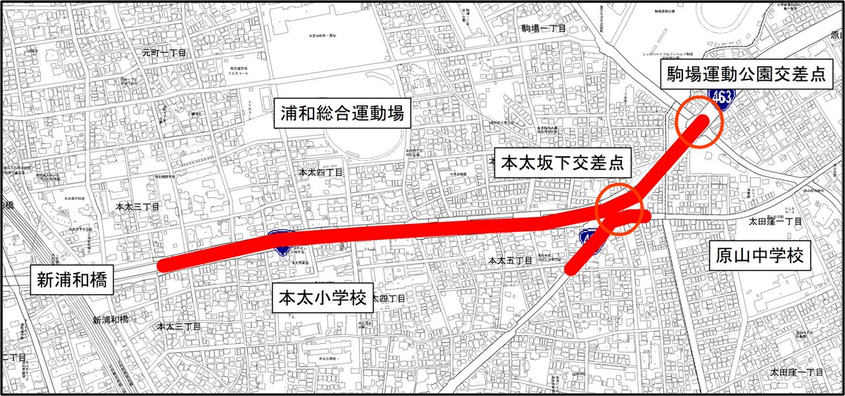 SaitamaCityPR's tweet photo. 【（12/26まで!）一般国道 463号バイパス （本太工区）の4車線化のアンケートを実施しています】
渋滞の多い、新浦和橋から駒場運動公園までの463号バイパスの４車線化、及び産業道路４車線化後に本太坂下交差点を分離する計画です。ご意見をぜひお聞かせください。
https://t.co/hXxLe56Kar https://t.co/GwlzQnEVtp
