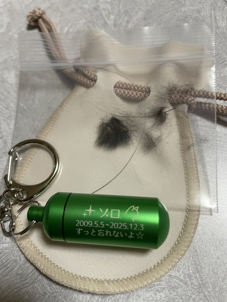 pt78020's tweet photo. ゾロ君のカプセル届きました。
おヒゲ3本と耳の後ろのほわほわ毛をカプセルに入れました。
ゾロ君いつも一緒だよ！
そして…
忘れないよ！
 #名前はゾロ  #ペットロス  #でもがんばる https://t.co/tLmfLrSVTW