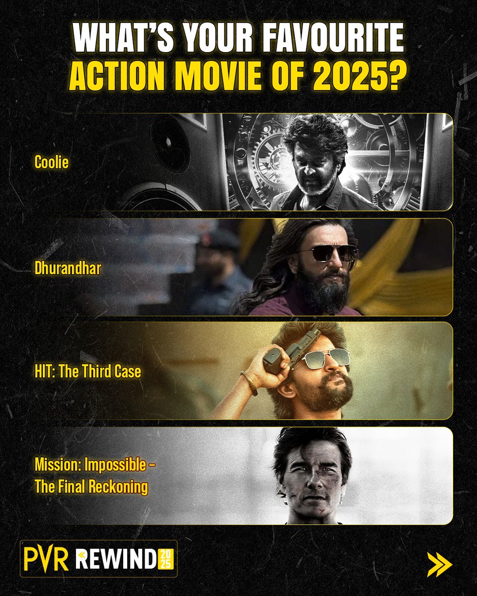 INOXMovies's tweet photo. Action didnβt just hit in 2025 β it dominated.π―π₯
Which movie is your favourite?
.
.
.
#PVRRewind #PVRRewind2025 #ActionMovies #Coolie #Dhurandhar #HitTheThirdCase #MissionImpossibleTheFinalReckoning #Deva #TheyCallHimOG #War2 #GoodBadUgly #L2Empuraan #Baaghi4 #Thunderbolts #KantaraChapter1 #FromTheWorldofJohnWickBallerina #Chhaava #SisuRoadToRevenge #MahavatarNarsimha