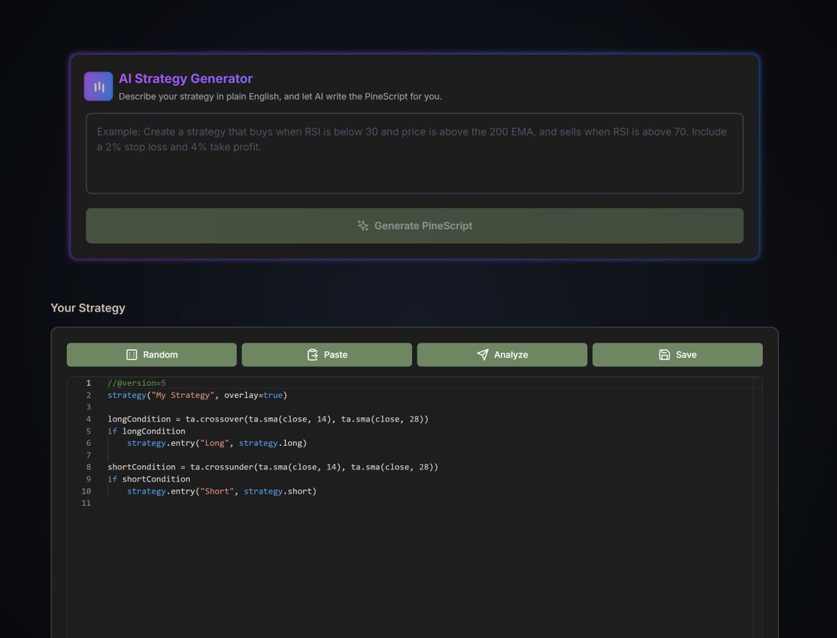 tradingscriptai's tweet image. TradingScript.AI converts your trading ideas into professional PineScript instantly:
✅ Describe strategy in plain English
✅ AI generates clean code
✅ Copy to TradingView
✅ Start trading
No coding required. Try free → [link in bio] #algotrading #tradingview #pinescript