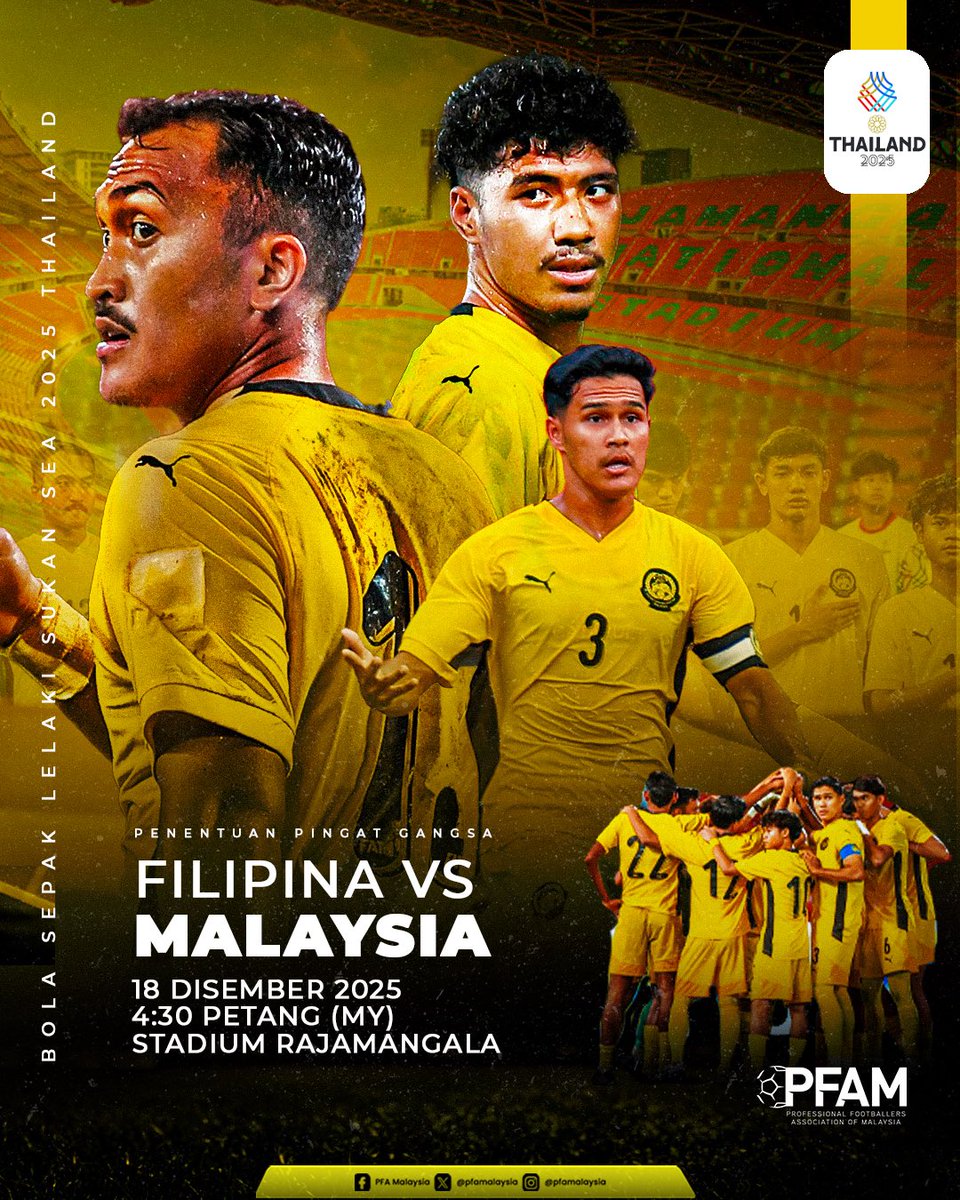 Selamat maju jaya kepada Harimau Muda untuk aksi penentuan pingat gangsa bola sepak lelaki Sukan Sea 2025 Thailand berhadapan Filipina petang ini di Stadium Rajamangala

📸 <a href="/FAM_Malaysia/">FA Malaysia</a> 

#PFAMalaysia
#SupportingThePlayers
#BuildingTheGame
#SeaGames2025