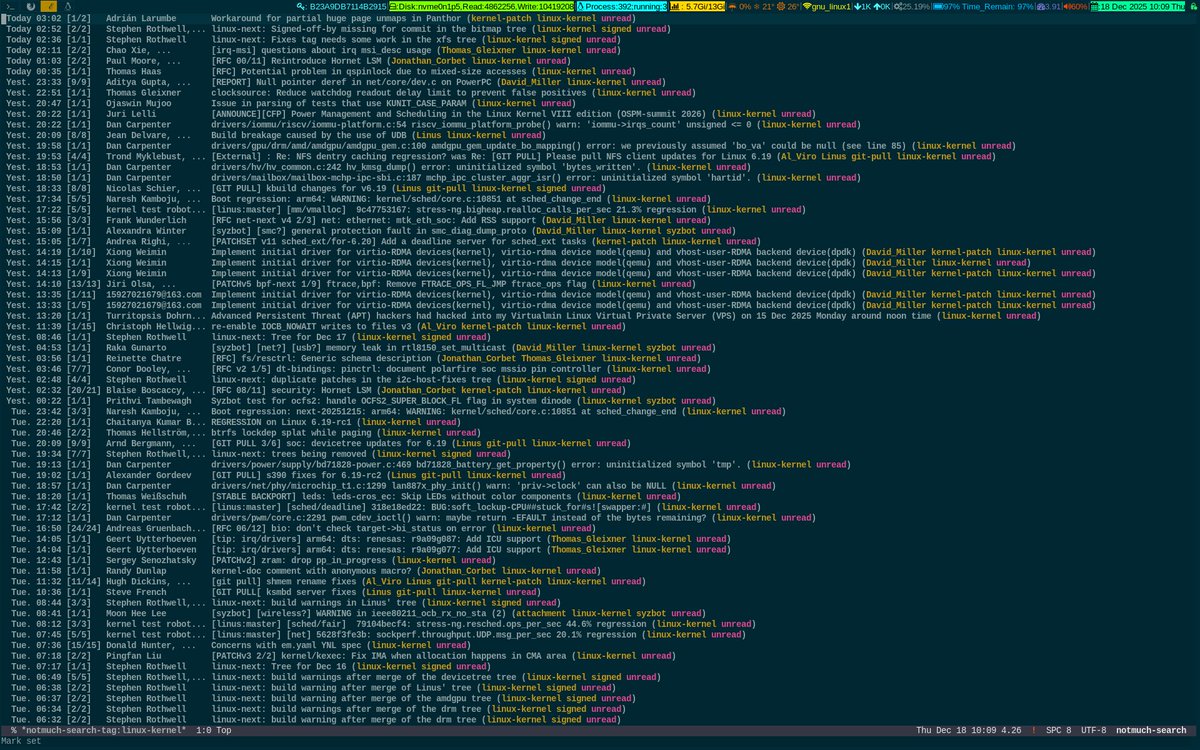 unixbhaskar's tweet image. ...and peeking 😜

#linuxkernel #mailinglist #tool #emacs #notmuch #opensource