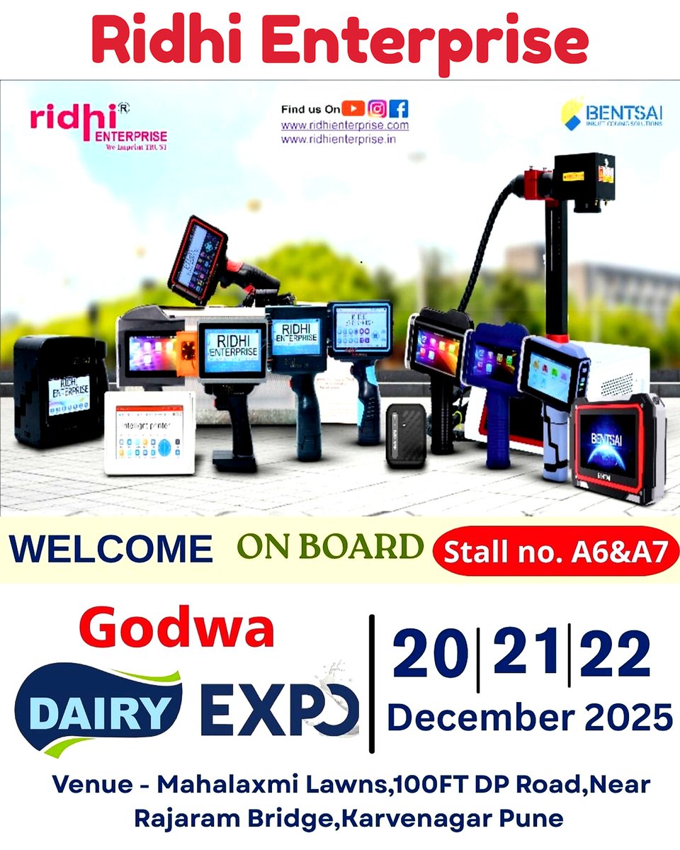 RidhiWe56792's tweet image. See You On Saturday 20/21/ 22/ December 2025. Join us and explore our latest innovations.
#batchcoding
#tharmalinkjet
#onlineprinter
#exibition
#pune
#ridhienterprise