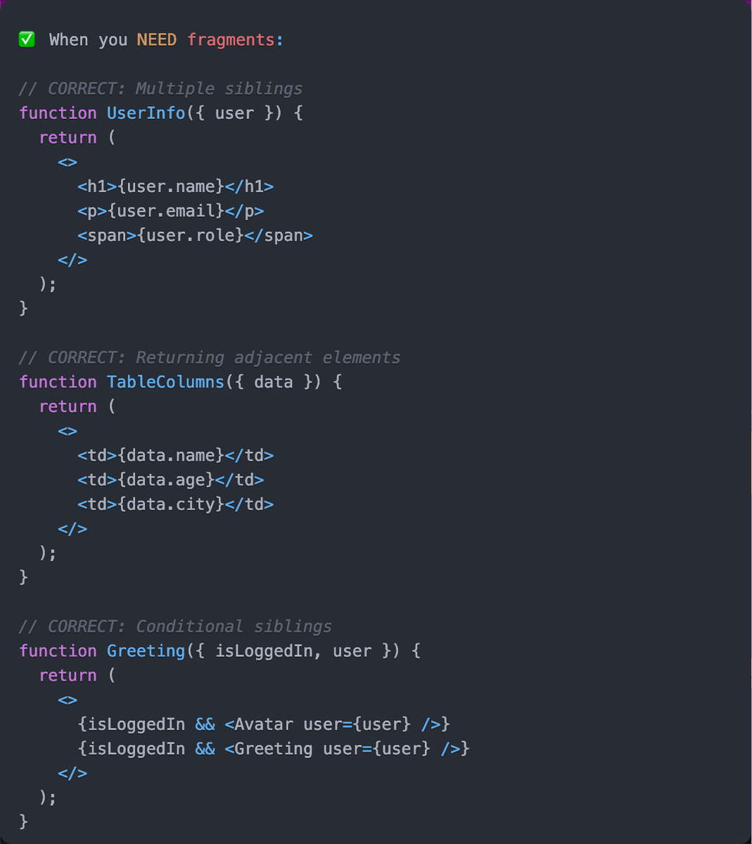 myogeshchavan97's tweet image. ❌ Stop using fragments when you don't need them!

I see this unnecessary pattern everywhere.

𝗣𝗿𝗼𝗯𝗹𝗲𝗺𝘀:

→ Extra syntax noise
→ Confuses other developers
→ Shows a misunderstanding of fragments
→ Makes JSX harder to read

𝗖𝗵𝗲𝗰𝗸 𝗼𝘂𝘁 𝘁𝗵𝗲 𝗮𝘁𝘁𝗮𝗰𝗵𝗲𝗱…