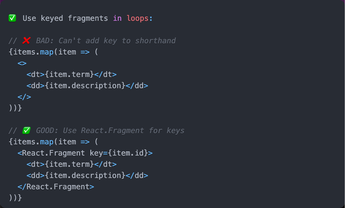 myogeshchavan97's tweet image. ❌ Stop using fragments when you don't need them!

I see this unnecessary pattern everywhere.

𝗣𝗿𝗼𝗯𝗹𝗲𝗺𝘀:

→ Extra syntax noise
→ Confuses other developers
→ Shows a misunderstanding of fragments
→ Makes JSX harder to read

𝗖𝗵𝗲𝗰𝗸 𝗼𝘂𝘁 𝘁𝗵𝗲 𝗮𝘁𝘁𝗮𝗰𝗵𝗲𝗱…