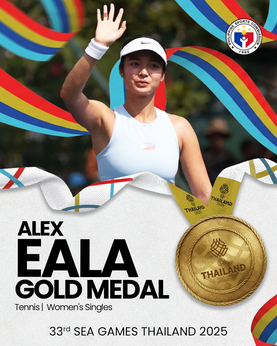 🇵🇭🥇𝗧𝗵𝗲 𝗴𝗼𝗹𝗱𝗲𝗻 𝘀𝗺𝗮𝘀𝗵

Alex Eala opens the Philippines’ golden campaign in today’s 33rd Southeast Asian Games in Thailand after dominating local bet Mananchaya Sawangkaew (6-1 6-2)  in Women's Tennis Singles final match.