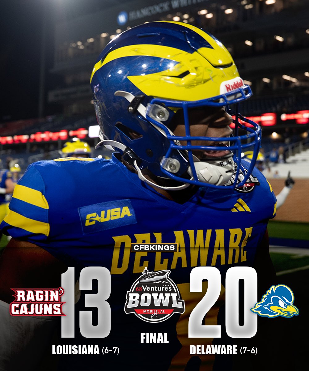 CFBKings's tweet photo. Delaware defeats Louisiana 20-13 to win the 68Ventures Bowl 🏆🔥

The Blue Hens win a bowl game and finish with a winning record in their first season at the FBS level. https://t.co/lXOiwF1fRA