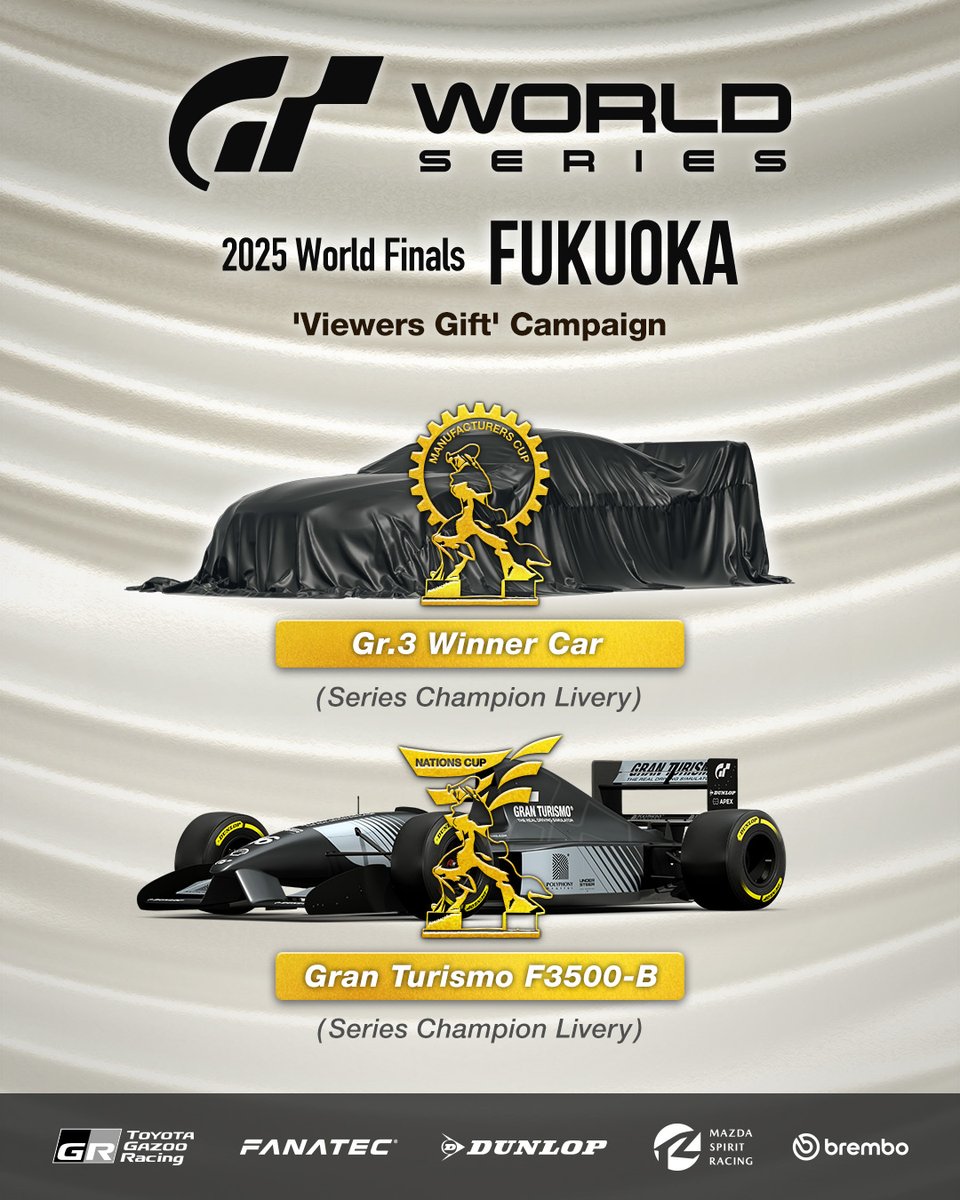thegranturismo's tweet image. One final chance if you missed the live broadcast!

🎁Viewers Gift Campaign🎁
Watch the streams from the campaign panel in Gran Turismo 7 and receive two 'Series Champion Livery' cars!

Manufacturers Cup
Series Champion Team Car (Gr.3)

Nations Cup
Gran Turismo F3500-B (Series…