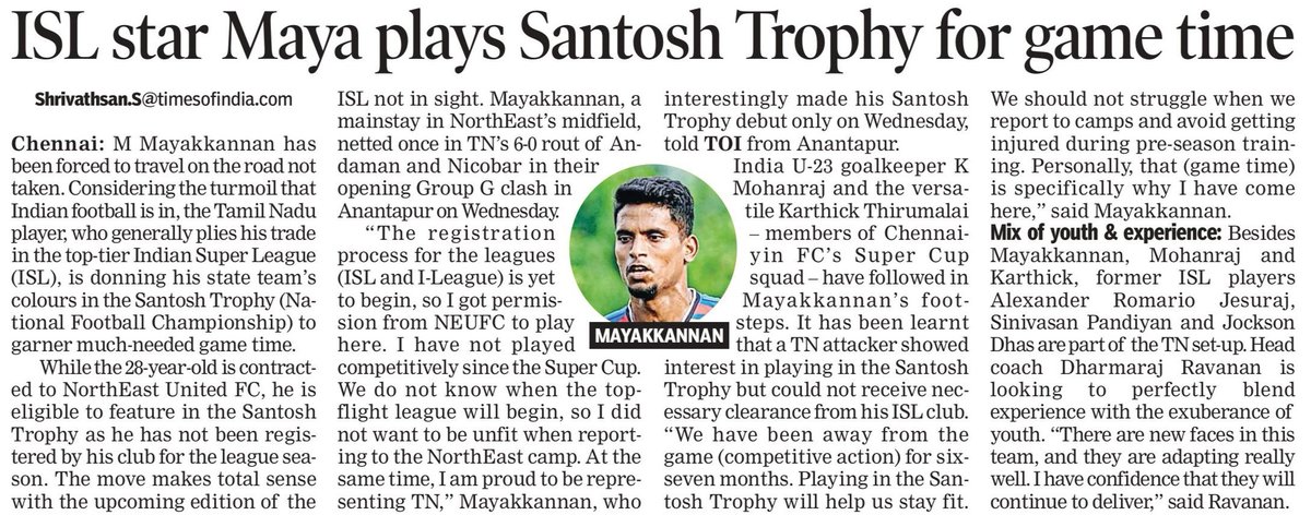 M Mayakkannan has opted to play in the Santosh Trophy for game time. He is eligible to play as he has not yet been registered by NorthEast United FC for the league season.

Chennaiyin FC's K Mohanraj and Karthick Thirumalai are also playing for Tamil Nadu. #IndianFootball
