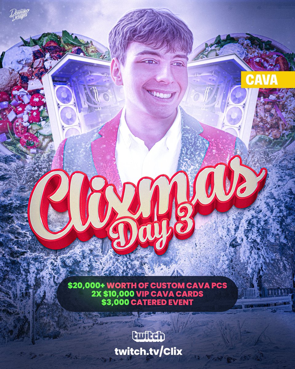 ClixUpdatesLIVE's tweet photo. Today Clix gave away Gaming PCs,  a PS5, and many other CAVA themed gifts to 71 people just for being in his stream 👀🔥

Day 3 Clixmas: 
- 5x Gaming PC
- 4x JBL Gaming Headset
- 1x PS5
- $7,522 in Wishlists
- 2x $9K Cava gift card
- 1x $3K Cava catering service
- 10x 1,500 vbucks
- 1x 2,800 vbucks
- 7x 1 Free Cava bowl