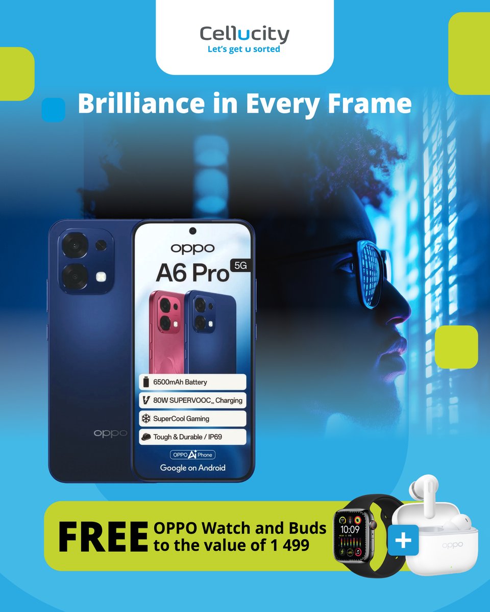 🔥 OPPO A6 Pro 5G (256GB)
📱 On Vodacom Red 1GB + 50 Min
💸 From R449pm x36
🎁 FREE OPPO Watch &amp; Buds (R1,499 value!)
⚡ 5G-ready | 🔋 Long battery | 📸 Great camera | 💾 256GB storage

👉 Apply now: bit.ly/4aoQscU
