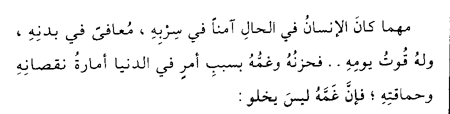 “Evinde güven içinde yaşayan, sağlıklı bir bedene ve bir günlük azığa sahip olan bir insan eğer dünyevî bir işten dolayı hüzün ve gam çekiyorsa, bu hali onun noksanlığı ve ahmaklığına işarettir.”

— Gazzâlî, Mizânu'l-amel