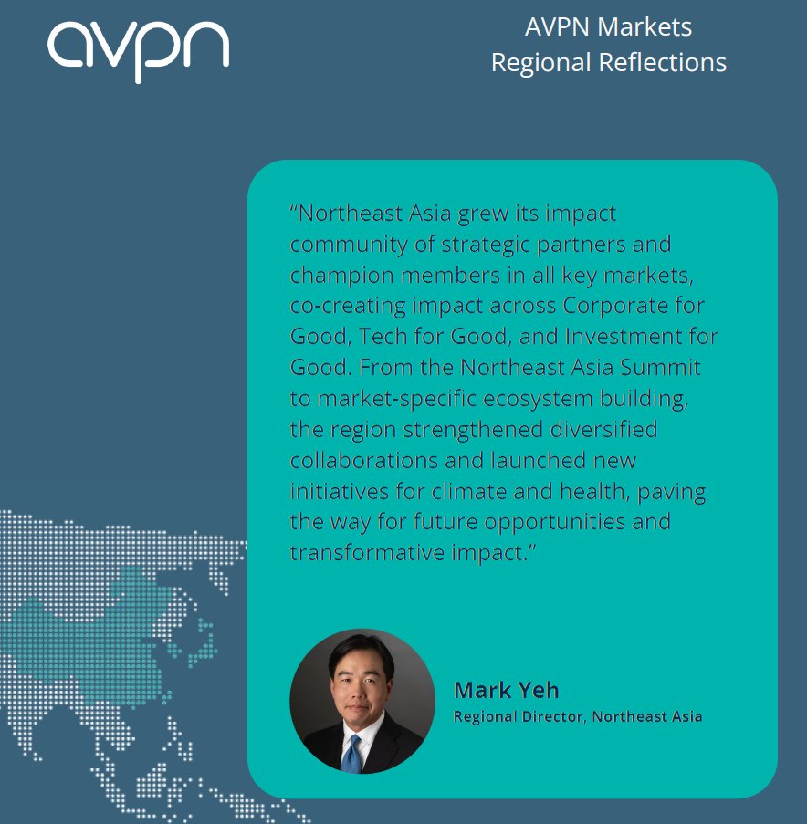 AVPN_Japan's tweet photo. 「北東アジアでは、主要市場すべてにおいて、戦略的パートナーやリード役となるメンバーによるインパクト・コミュニティが着実に拡大しました。企業の社会貢献、テクノロジーによる社会貢献、インパクト投資といった分野で、共創によるインパクトが生まれています」
AVPN Markets地域別リフレクション https://t.co/r2b7TMqLEQ