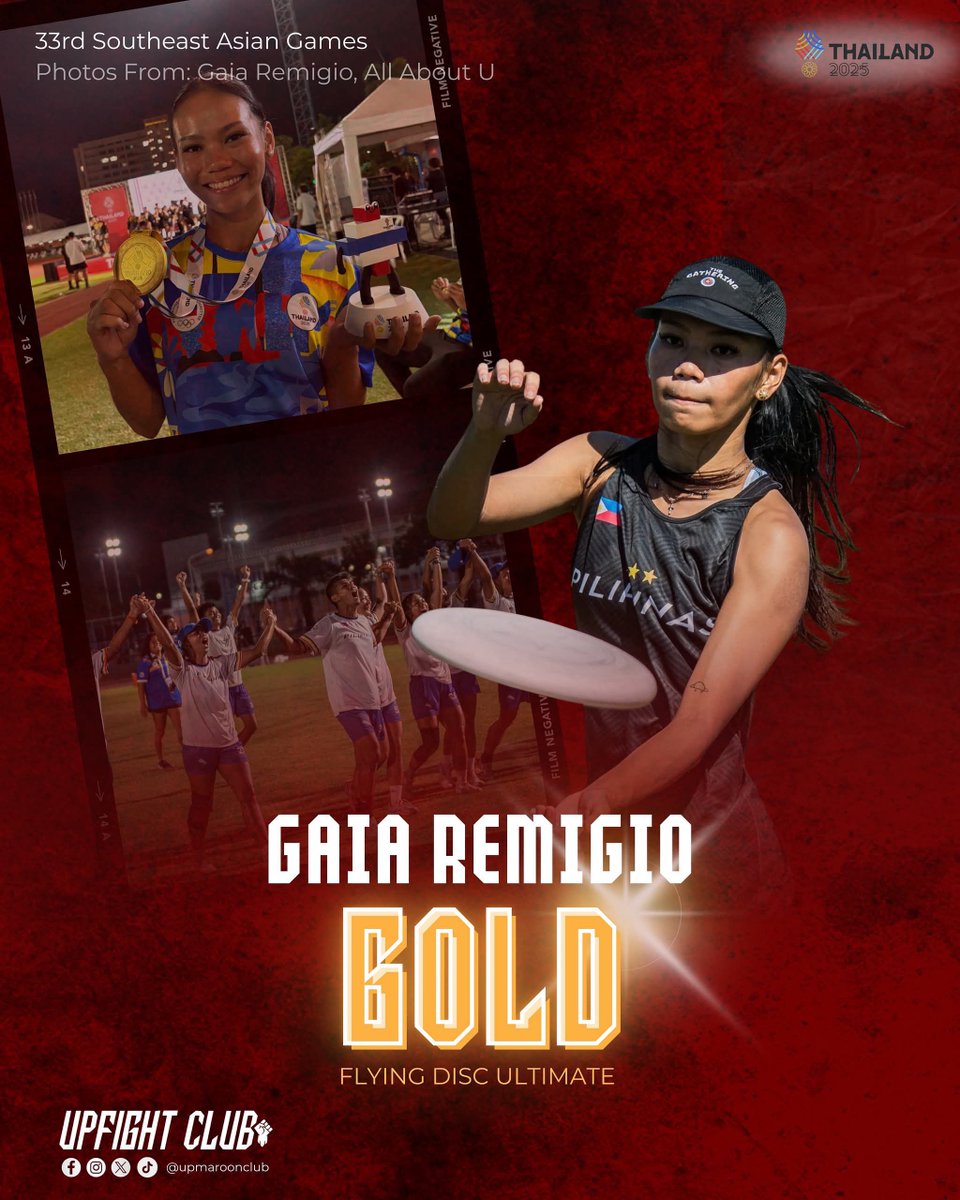 upmaroonclub's tweet photo. TEAM PILIPINAS ULTIMATE SOARS ๐ต๐ญ๐ฅ
Congratulations to Gaia Remigio of UP CHK and part of the Team Pilipinas Ultimate on a historic gold in Ultimate Flying Disc at the 33rd Sea Games.
Lagiโt lagi para sa bayan ๐ต๐ญ
#SEAGames2025
#LabanParaSaBayan https://t.co/PvzqYkTGt7