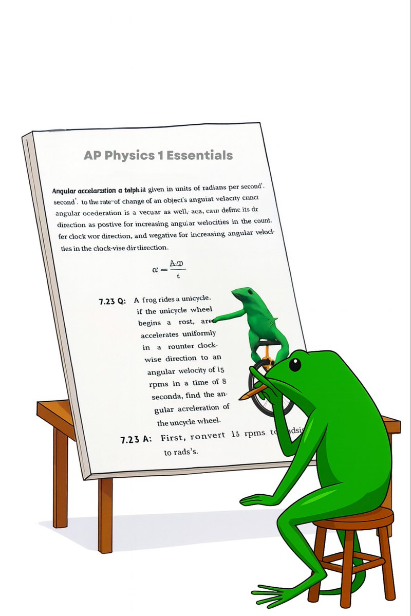 DatBoiPepeKlr's tweet image. dat boi just solved angular acceleration in AP Physics 1
he started at rest
accelerated counterclockwise
hit 15 rpm in 8 seconds
α = Δω / t
he do be spinning… 🌀🐸📘