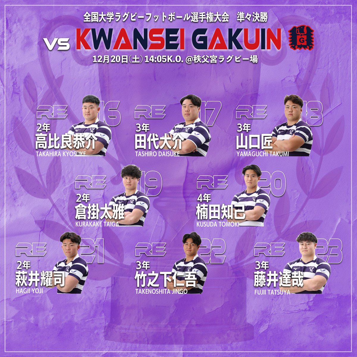 meijirugby's tweet photo. 【試合情報】

12月20日(土)
全国大学ラグビーフットボール選手権大会　準々決勝
対 関西学院大学
14:05K.O.
@秩父宮ラグビー場

【放送・配信予定】
■配信
・NHK ONE14:00〜16:00にてライブ配信
https://t.co/3ENI7vEXH8
■放送
・NHK Eテレ14:00〜16:00にて地上波放送

#meijirugby
#明治大学ラグビー部
#完遂