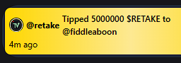 retakedottv's tweet photo. Day 2 RETAKEMAS
@Fiddleaboon got 5M $RETAKE!
All chatters in @BaldolPixel's stream yesterday got 100k !

Keep streaming 🎅 https://t.co/AidxP10eVB
