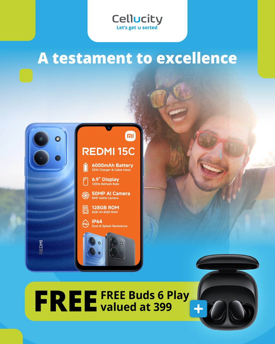 Yoh! 😮‍🔥
 Xiaomi Redmi 15C 4G (256GB)
💸 From R169pm x36 on Vodacom RED Flexi 160
🎧 FREE Redmi Buds 6 Play
Big storage. Big vibes. No stress.
👉 In-store: bit.ly/4lVD2HJ
👉 Online: bit.ly/4iZUlqO