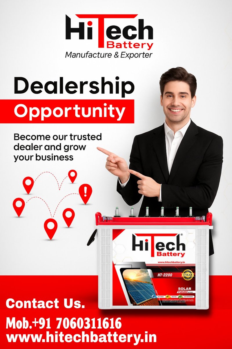 HitechBattery's tweet image. 🚀 DEALERSHIP OPPORTUNITY | GROW WITH A GLOBAL BRAND 🔋

Partner with HiTech Battery – Manufacturer &amp;amp; Exporter of high-performance Inverter &amp;amp; Solar Batteries.

📞 Call / WhatsApp: +91 7060311616
🌐 Website: hitechbattery.in

#HiTechBattery #DealershipOpportunity #Battey