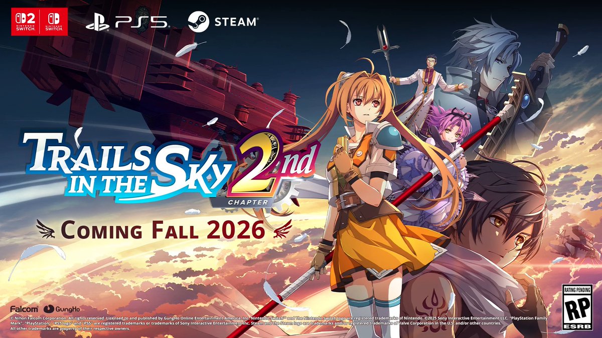 RPGSite's tweet photo. Falcom reveals Trails in the Sky 2nd Chapter, set to release in Fall 2026 worldwide for PlayStation 5, Switch 2, Switch, and PC: https://t.co/kYJ89P3WRJ https://t.co/iRh2pwZFwr