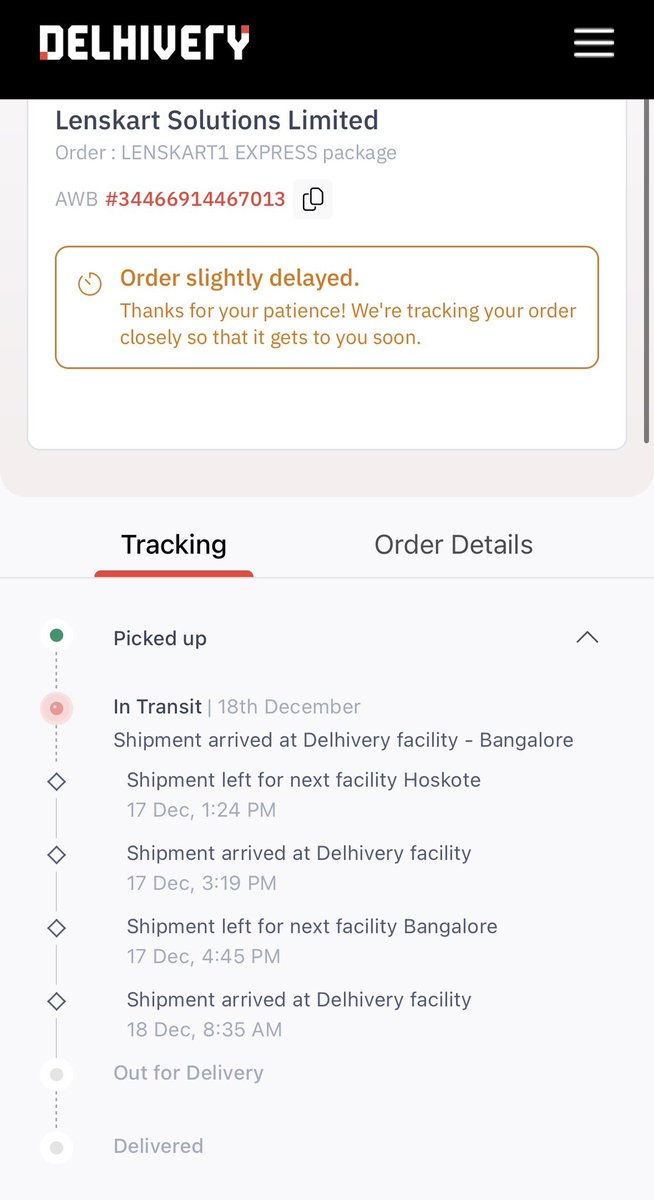 AreekRay's tweet photo. Hello @Lenskart_com @delhivery 

My order from Lenskart was supposed to be delivered by 17th December. The store representative assured me that it will be delivered before. 

Upon tracking I see there is no update after the parcel is picked up on 14th Dec. Still not Delivered. https://t.co/rilGEvu7tG
